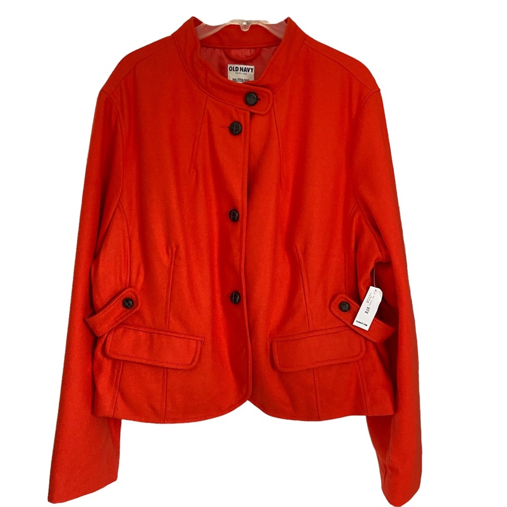 Old Navy VINTAGE short wool coat women’s XXL faux leather accent buttons orange